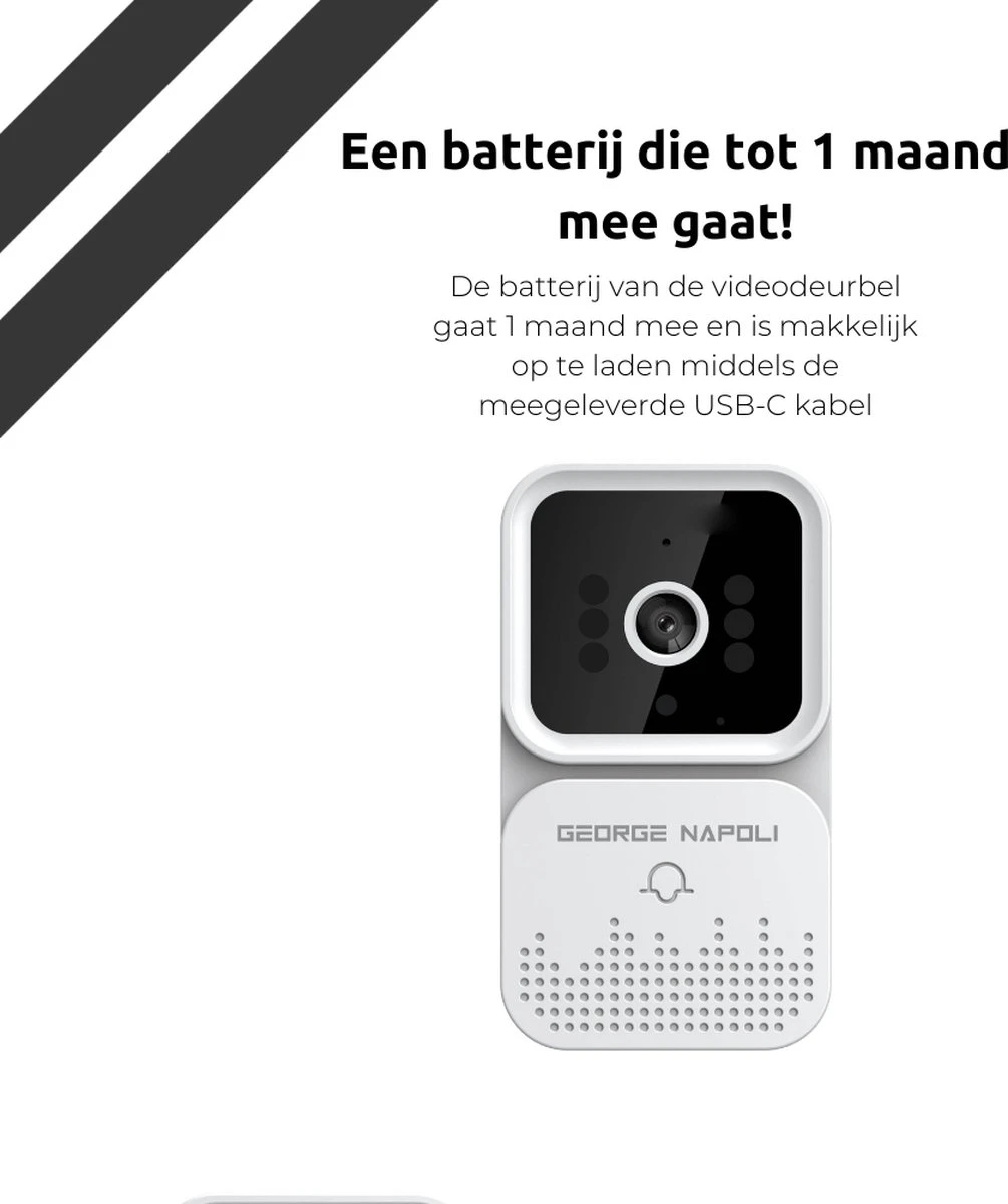 George Napoli Video Deurbel - Draadloze Deurbel – Deurbel Met Camera - WiFi Deurbel - Infrarood - USB C Oplaadbaar - Met Gong - Wit 5 George Napoli Video Deurbel - Draadloze Deurbel – Deurbel Met Camera - WiFi Deurbel - Infrarood - USB C Oplaadbaar - Met Gong - Wit - Afbeelding 5