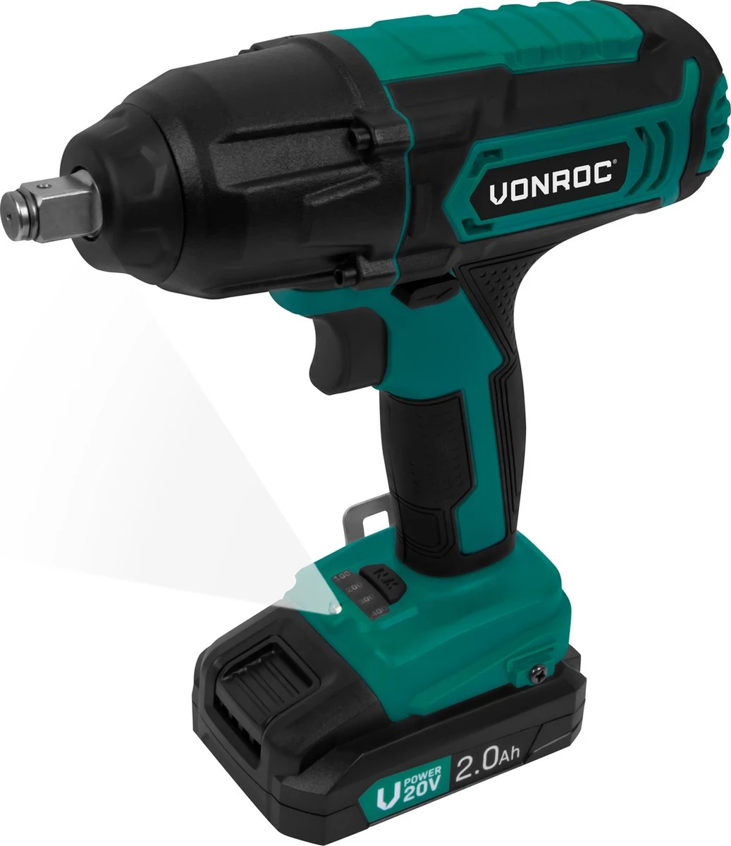 VONROC Accu Slagmoersleutel 20V – 4 Standen: 100/200/300/400Nm - Incl. 4 Moerdoppen – Geschikt Voor Het Verwisselen Van Wielbouten En -moeren - Incl. 2.0Ah Accu En Snellader 2 VONROC Accu Slagmoersleutel 20V – 4 Standen: 100/200/300/400Nm - Incl. 4 Moerdoppen – Geschikt Voor Het Verwisselen Van Wielbouten En -moeren - Incl. 2.0Ah Accu En Snellader - Afbeelding 2