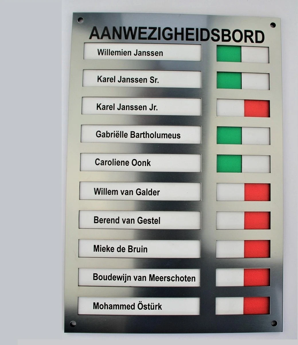Aanwezigheidsbord - Afwezigheidsbord Voor 10 Personen – 20x29.7cm - Voorzien Van Vier Schroefgaten - 1 Stuk 1 Aanwezigheidsbord - Afwezigheidsbord Voor 10 Personen – 20x29.7cm - Voorzien Van Vier Schroefgaten - 1 Stuk