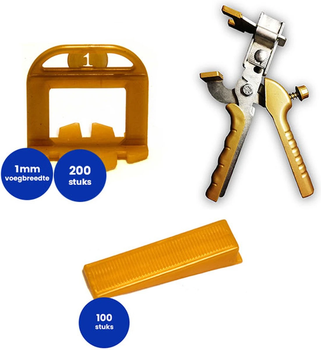 Pro-gold Levelling System - Starterskit 1 Mm: Pro-gold Tang, 200 Tegelclips 1 Mm En 100 Wiggen 1 Pro-gold Levelling System - Starterskit 1 Mm: Pro-gold Tang, 200 Tegelclips 1 Mm En 100 Wiggen