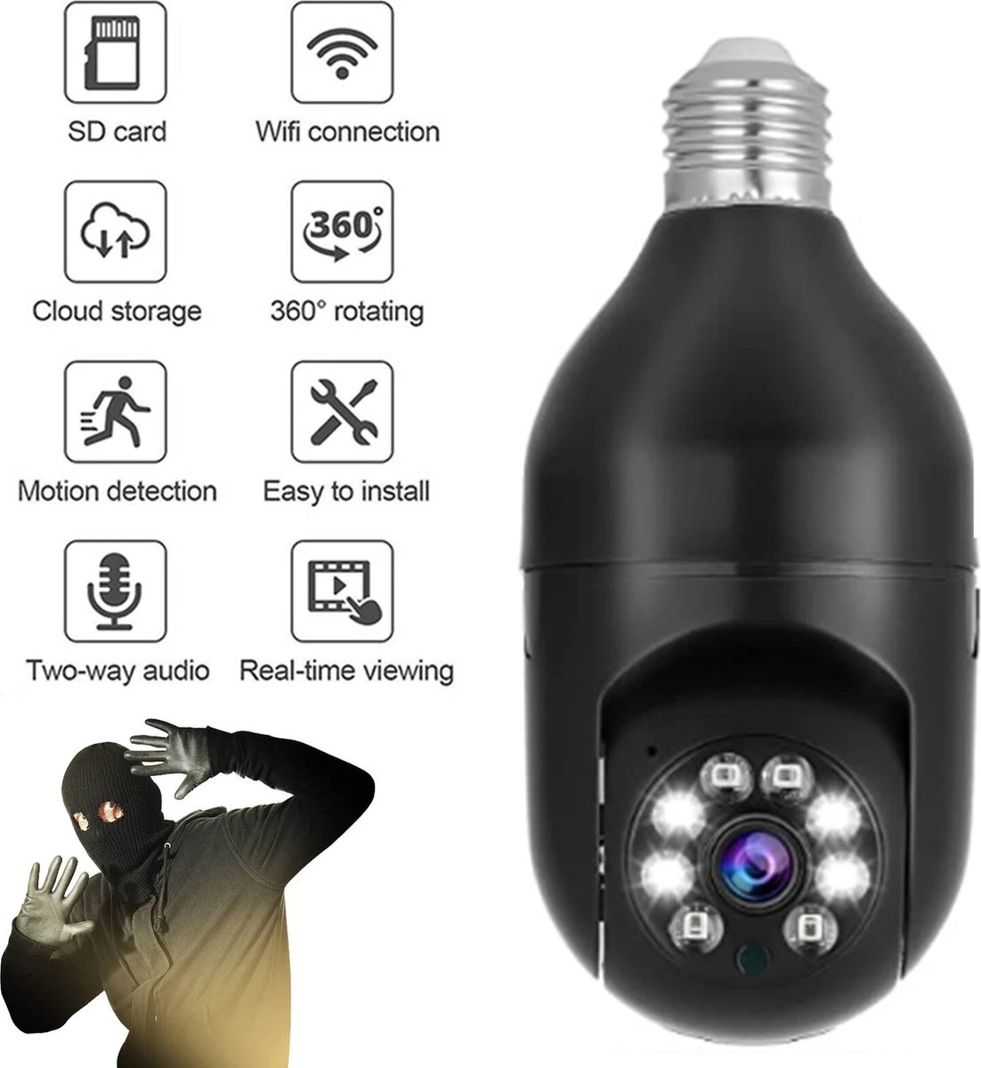PuroTech Beveiligingscamera Zwart - IP Camera - E27 Dikke Fitting- Spy Camera - 2-Weg Audio - Beweeg En Geluidsdetectie - Nachtvisie - Draadloos - Huisdiercamera - Opslag In Cloud & App - Lamp Camera - 360 Graden Panoramisch 5 PuroTech Beveiligingscamera Zwart - IP Camera - E27 Dikke Fitting- Spy Camera - 2-Weg Audio - Beweeg En Geluidsdetectie - Nachtvisie - Draadloos - Huisdiercamera - Opslag In Cloud & App - Lamp Camera - 360 Graden Panoramisch - Afbeelding 5