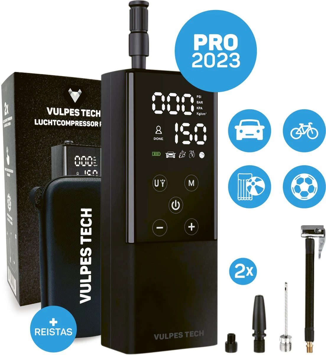 Vulpes Tech® 6-in-1 Compressor Bandenpomp - Elektrische Fietspomp Met Touchscreen - Voor Auto, Scooter, Fiets, Bal En Luchtbed - Inclusief 7 Opzetstukken, Zaklamp & Reistas 1 Vulpes Tech® 6-in-1 Compressor Bandenpomp - Elektrische Fietspomp Met Touchscreen - Voor Auto, Scooter, Fiets, Bal En Luchtbed - Inclusief 7 Opzetstukken, Zaklamp & Reistas