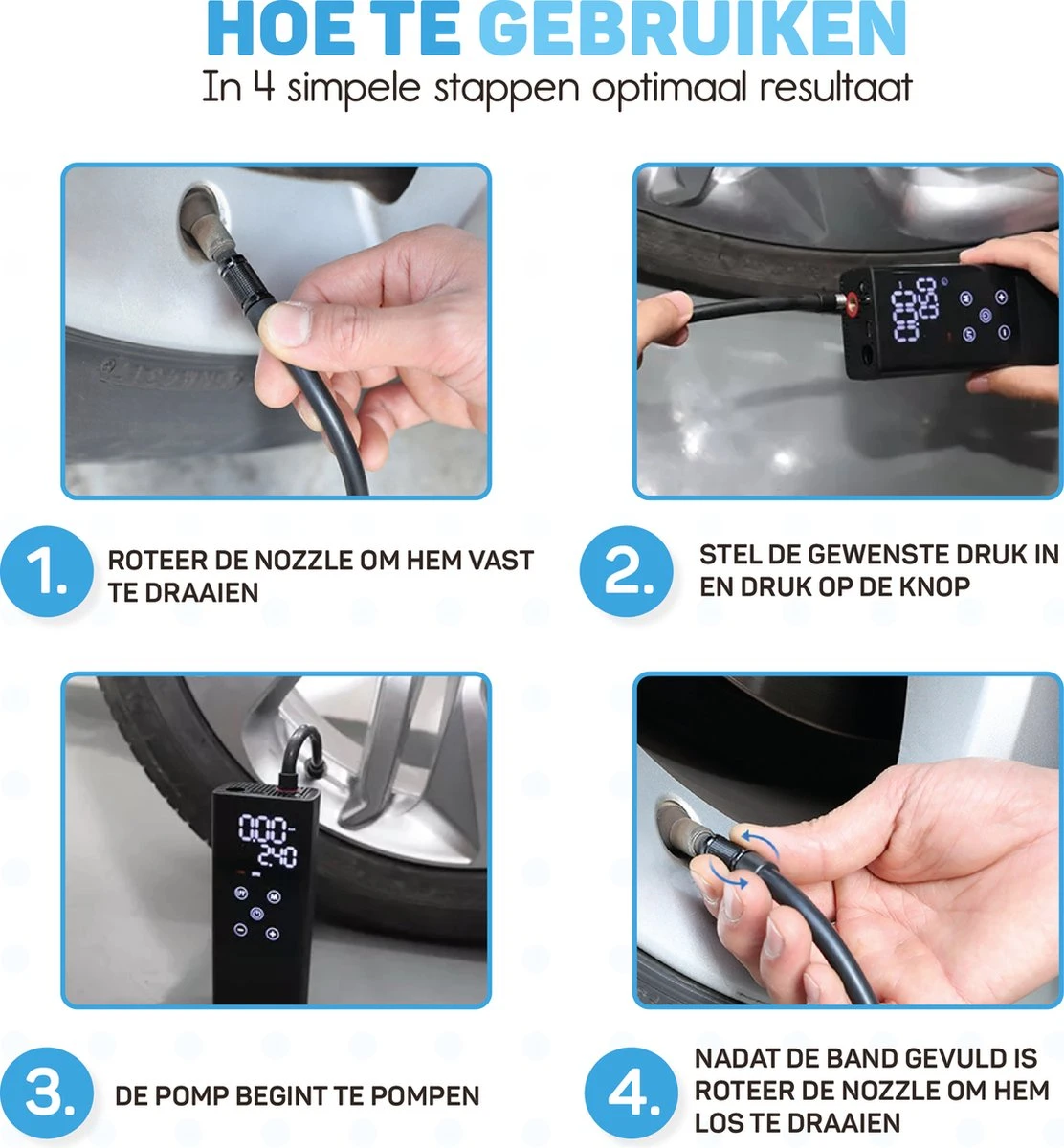 Vulpes Tech® 6-in-1 Compressor Bandenpomp - Elektrische Fietspomp Met Touchscreen - Voor Auto, Scooter, Fiets, Bal En Luchtbed - Inclusief 7 Opzetstukken, Zaklamp & Reistas 12 Vulpes Tech® 6-in-1 Compressor Bandenpomp - Elektrische Fietspomp Met Touchscreen - Voor Auto, Scooter, Fiets, Bal En Luchtbed - Inclusief 7 Opzetstukken, Zaklamp & Reistas - Afbeelding 12