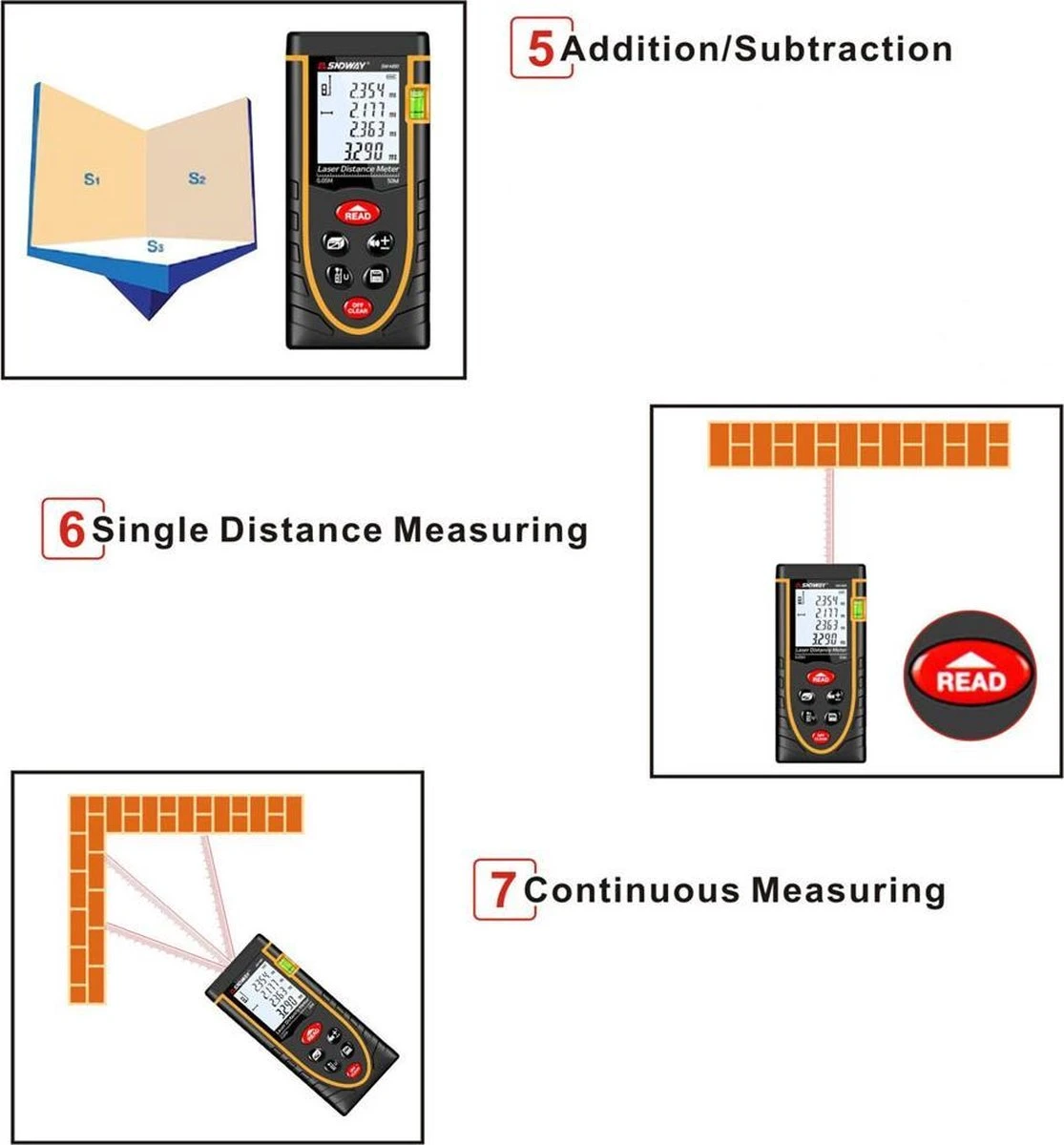 Sndway Professionele Laser Afstandsmeter - 50 Meter Bereik - Incl. Batterijen 6 Sndway Professionele Laser Afstandsmeter - 50 Meter Bereik - Incl. Batterijen - Afbeelding 6