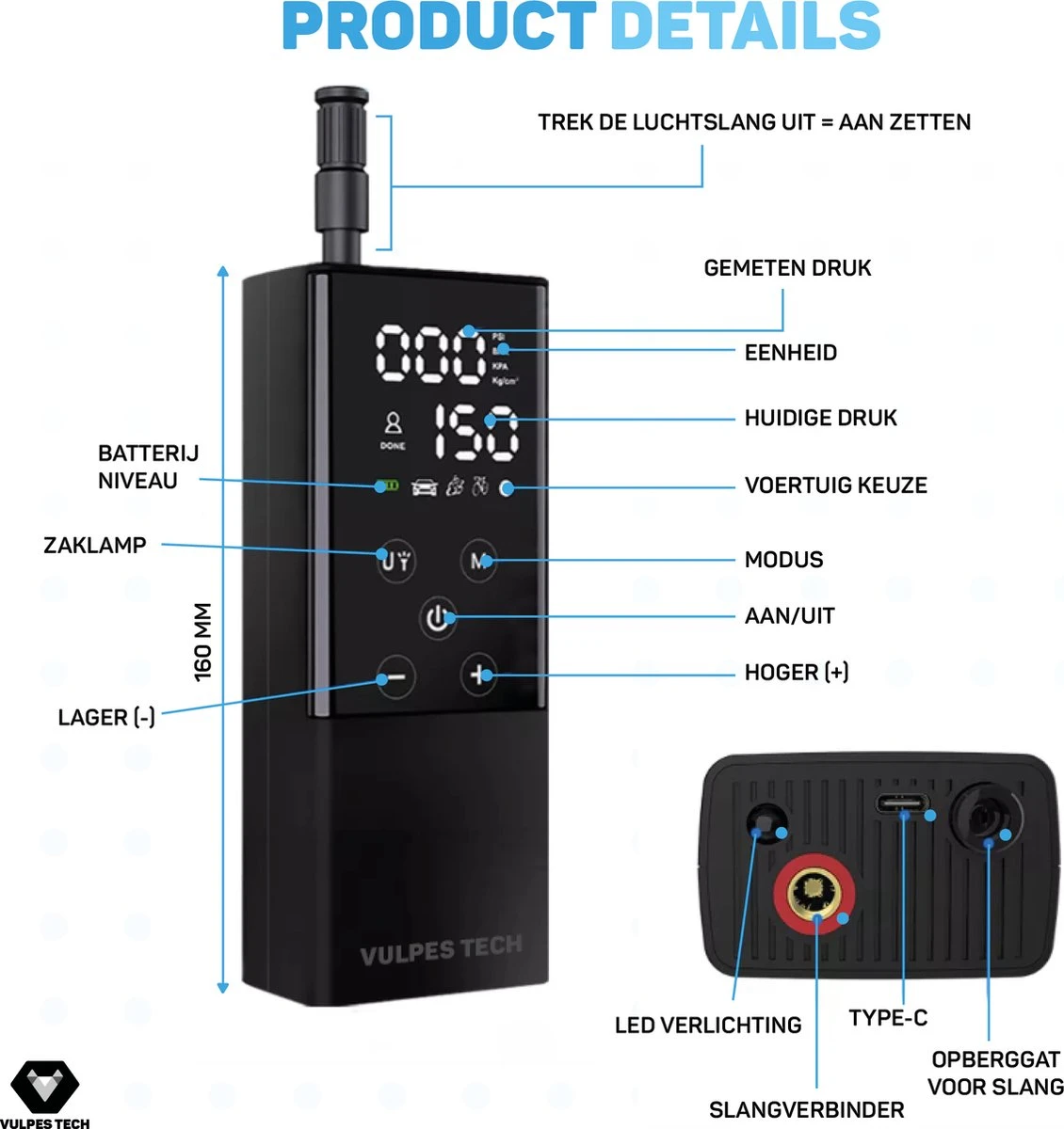 Vulpes Tech® 6-in-1 Compressor Bandenpomp - Elektrische Fietspomp Met Touchscreen - Voor Auto, Scooter, Fiets, Bal En Luchtbed - Inclusief 7 Opzetstukken, Zaklamp & Reistas 10 Vulpes Tech® 6-in-1 Compressor Bandenpomp - Elektrische Fietspomp Met Touchscreen - Voor Auto, Scooter, Fiets, Bal En Luchtbed - Inclusief 7 Opzetstukken, Zaklamp & Reistas - Afbeelding 10