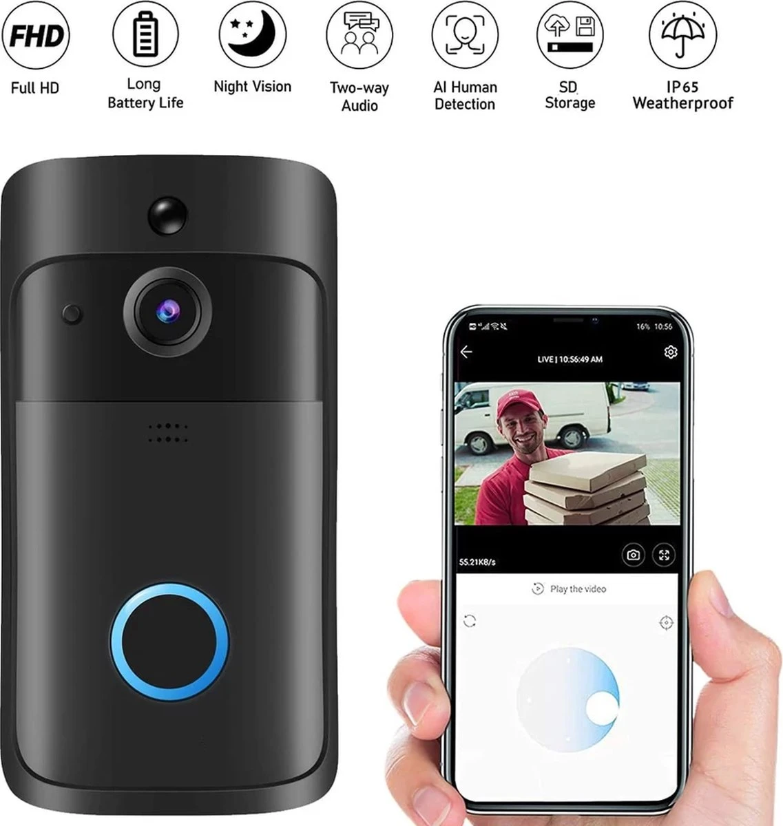 T-ring Video Deurbel. V5 Zwart. Incl. Accu Pakket En 3 Losse Bellen. (Geschikt Voor Android En OS - Draadloos Via 2.4 Ghz Wifi - Geen Abonnement Verplichting) 3 T-ring Video Deurbel. V5 Zwart. Incl. Accu Pakket En 3 Losse Bellen. (Geschikt Voor Android En OS - Draadloos Via 2.4 Ghz Wifi - Geen Abonnement Verplichting) - Afbeelding 3