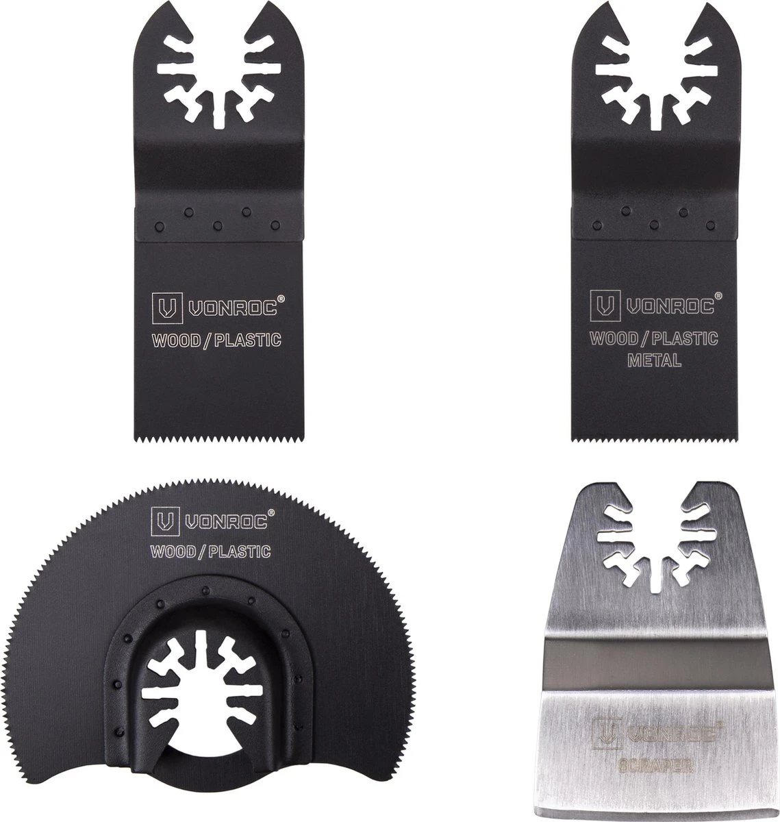 VONROC Accessoireset Voor Oscillerende Multitools – 4 Stuks; Hout, Metaal, Gipskarton & Kunststof 1 VONROC Accessoireset Voor Oscillerende Multitools – 4 Stuks; Hout, Metaal, Gipskarton & Kunststof