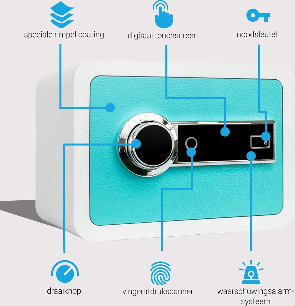 Fichero® Elektronische Kluis Met Vingerafdruk En Wachtwoord - Digitaal Touchscreen - Met Alarmsysteem En 4 Instellingen Voor Openen - Hip En Modern Design - Turquoise Blauw Wit 2 Fichero® Elektronische Kluis Met Vingerafdruk En Wachtwoord - Digitaal Touchscreen - Met Alarmsysteem En 4 Instellingen Voor Openen - Hip En Modern Design - Turquoise Blauw Wit - Afbeelding 2