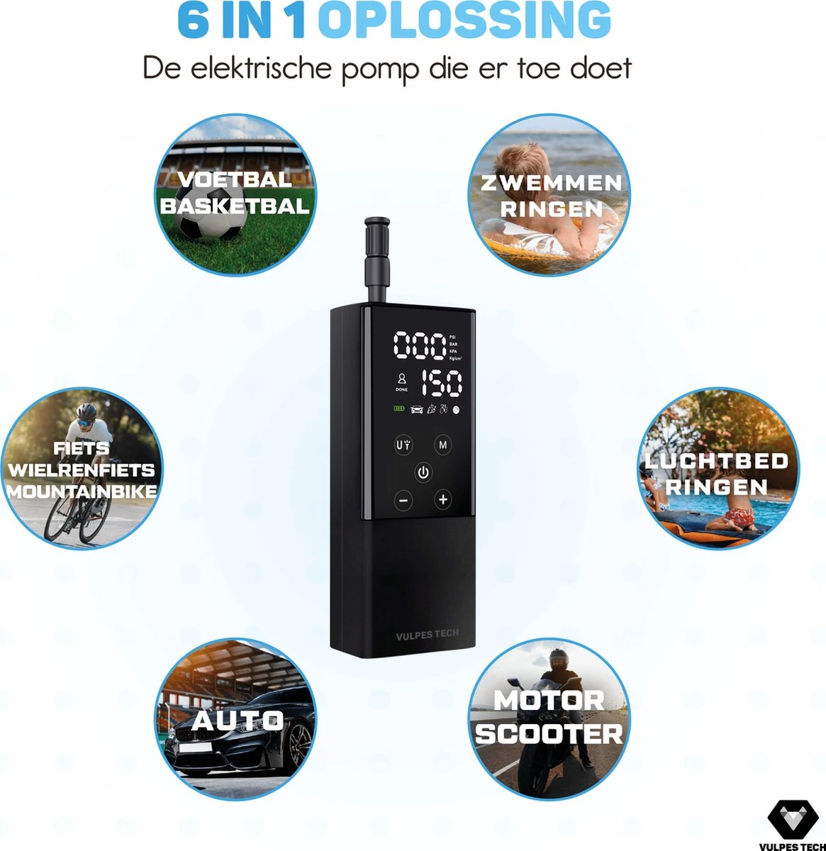 Vulpes Tech® 6-in-1 Compressor Bandenpomp - Elektrische Fietspomp Met Touchscreen - Voor Auto, Scooter, Fiets, Bal En Luchtbed - Inclusief 7 Opzetstukken, Zaklamp & Reistas 5 Vulpes Tech® 6-in-1 Compressor Bandenpomp - Elektrische Fietspomp Met Touchscreen - Voor Auto, Scooter, Fiets, Bal En Luchtbed - Inclusief 7 Opzetstukken, Zaklamp & Reistas - Afbeelding 5