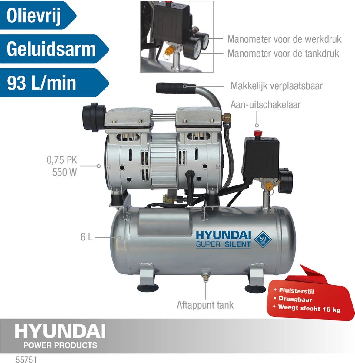 Hyundai Stille 59dB Compressor 6 Liter - 8 BAR Olievrij Low Noise - 'Super Silent’ 7 Hyundai Stille 59dB Compressor 6 Liter - 8 BAR Olievrij Low Noise - 'Super Silent’ - Afbeelding 7