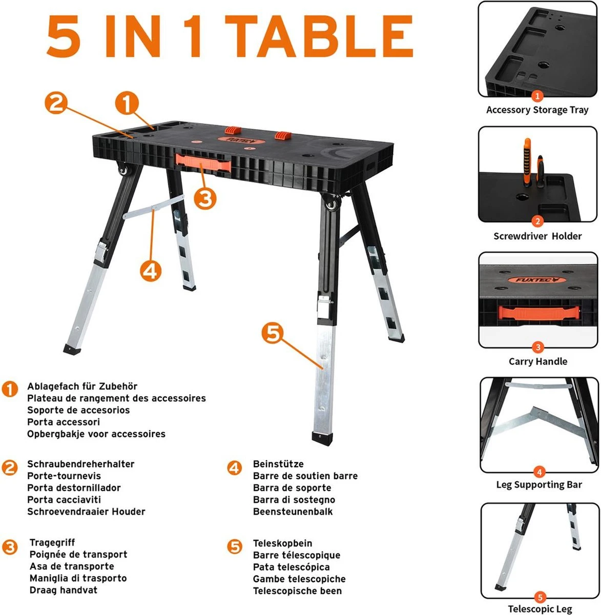 FUXTEC Werkbank - 5in1 - Universele Werkbank, Werkplatform, Steiger, Zaagbok, Transportrol En Werkplaatsrolbord In één - FX-WB 3 FUXTEC Werkbank - 5in1 - Universele Werkbank, Werkplatform, Steiger, Zaagbok, Transportrol En Werkplaatsrolbord In één - FX-WB - Afbeelding 3