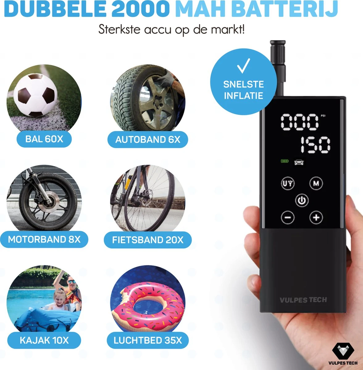 Vulpes Tech® 6-in-1 Compressor Bandenpomp - Elektrische Fietspomp Met Touchscreen - Voor Auto, Scooter, Fiets, Bal En Luchtbed - Inclusief 7 Opzetstukken, Zaklamp & Reistas 3 Vulpes Tech® 6-in-1 Compressor Bandenpomp - Elektrische Fietspomp Met Touchscreen - Voor Auto, Scooter, Fiets, Bal En Luchtbed - Inclusief 7 Opzetstukken, Zaklamp & Reistas - Afbeelding 3