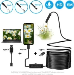 Endoscoop - Inspectiecamera USB - Inspectiegereedschap - 7mm Kop - Flexibele HD - 5M Cabel - Waterproof - 6 LED Verlichting - Voor Android