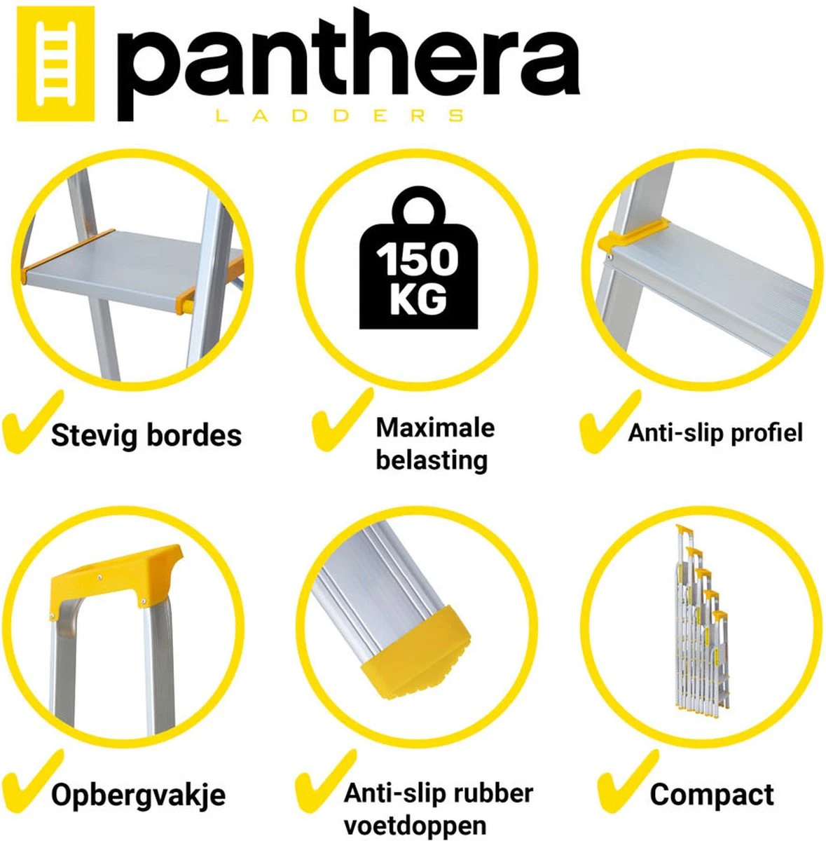 Panthera Huishoudtrap - Keukentrap 5 Treden - Aluminium - Max Werkhoogte: 2.96 Meter - Voor Particulier En Professioneel Gebruik 6 Panthera Huishoudtrap - Keukentrap 5 Treden - Aluminium - Max Werkhoogte: 2.96 Meter - Voor Particulier En Professioneel Gebruik - Afbeelding 6