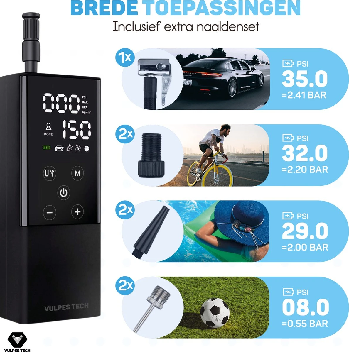 Vulpes Tech® 6-in-1 Compressor Bandenpomp - Elektrische Fietspomp Met Touchscreen - Voor Auto, Scooter, Fiets, Bal En Luchtbed - Inclusief 7 Opzetstukken, Zaklamp & Reistas 4 Vulpes Tech® 6-in-1 Compressor Bandenpomp - Elektrische Fietspomp Met Touchscreen - Voor Auto, Scooter, Fiets, Bal En Luchtbed - Inclusief 7 Opzetstukken, Zaklamp & Reistas - Afbeelding 4