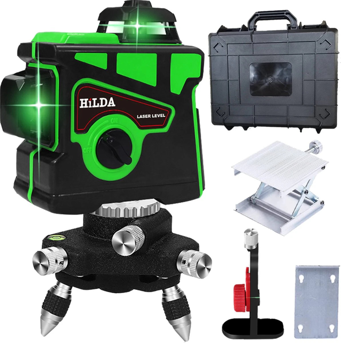 Hilda Zelfnivellerende Kruislijnlaser Met 12 Lijnen - Inclusief Muurbeugel En 360 Graden Statief - Groene Lasers - Waterproof - Laserwaterpas - Met Opbergkoffer 1 Hilda Zelfnivellerende Kruislijnlaser Met 12 Lijnen - Inclusief Muurbeugel En 360 Graden Statief - Groene Lasers - Waterproof - Laserwaterpas - Met Opbergkoffer