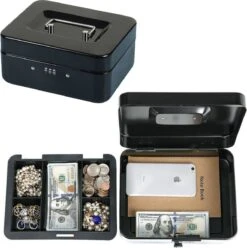 Merkloos Decopatent® Geldkistje Met Cijferslot - Geldkist - Geldkist Met Cijferslot - 3-Cijfercombinatie - Biljet En Muntenbakje - Afm. 25 X 20 X 8.8 Cm - ZWART