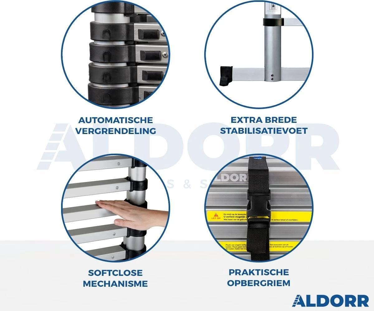 ALDORR Home Telescopische Vouwladder 6,20 Meter - Met Stabilisatievoet En Soft Closing - Aluminium 3 ALDORR Home Telescopische Vouwladder 6,20 Meter - Met Stabilisatievoet En Soft Closing - Aluminium - Afbeelding 3