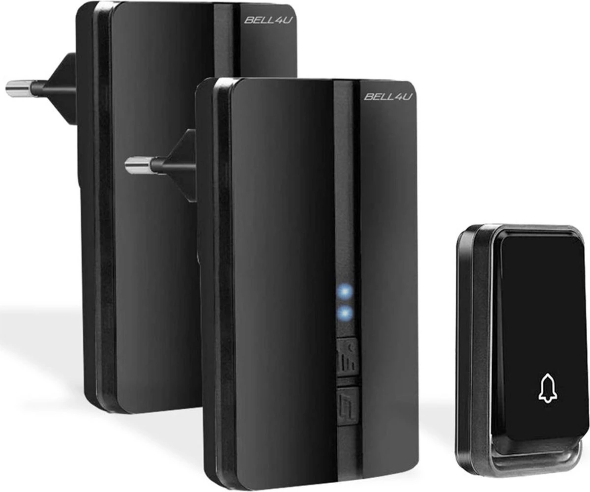 Bell4U Draadloze Deurbel Met 2 Ontvangers - Plug & Play - Beldrukker Heeft Geen Batterijen Nodig - IP55 Waterdicht - Zwart 1 Bell4U Draadloze Deurbel Met 2 Ontvangers - Plug & Play - Beldrukker Heeft Geen Batterijen Nodig - IP55 Waterdicht - Zwart