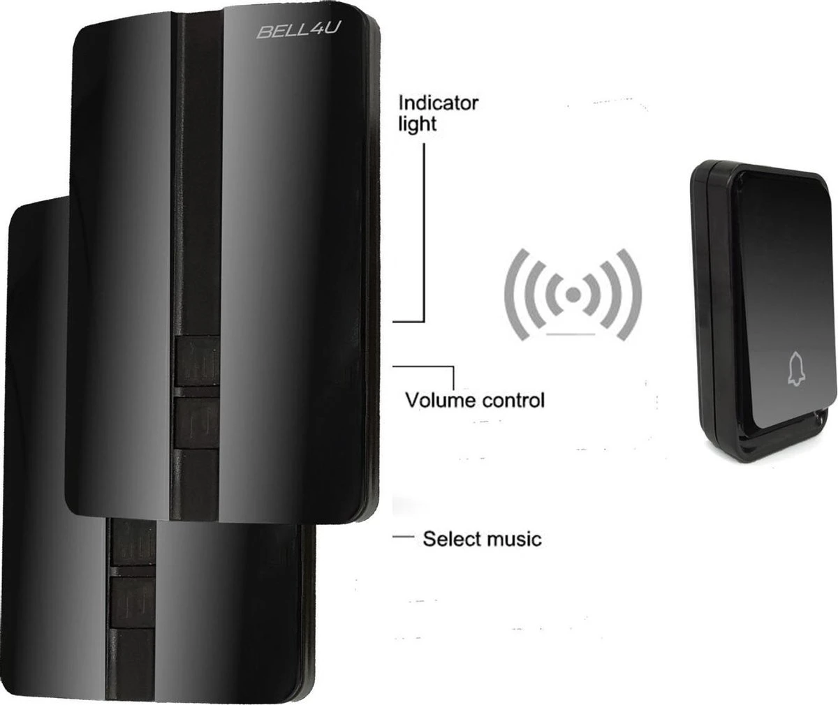 Bell4U Draadloze Deurbel Met 2 Ontvangers - Plug & Play - Beldrukker Heeft Geen Batterijen Nodig - IP55 Waterdicht - Zwart 6 Bell4U Draadloze Deurbel Met 2 Ontvangers - Plug & Play - Beldrukker Heeft Geen Batterijen Nodig - IP55 Waterdicht - Zwart - Afbeelding 6