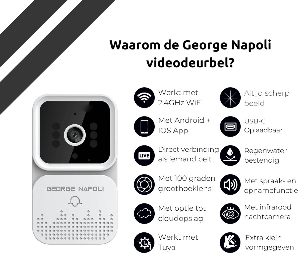 George Napoli Video Deurbel - Draadloze Deurbel – Deurbel Met Camera - WiFi Deurbel - Infrarood - USB C Oplaadbaar - Met Gong - Wit 2 George Napoli Video Deurbel - Draadloze Deurbel – Deurbel Met Camera - WiFi Deurbel - Infrarood - USB C Oplaadbaar - Met Gong - Wit - Afbeelding 2