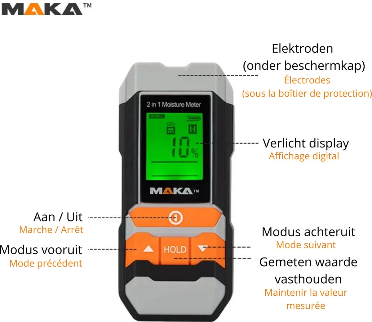 MAKA 2 In 1 Digitale Vochtmeter - Voor Hout En Bouwmaterialen 6 MAKA 2 In 1 Digitale Vochtmeter - Voor Hout En Bouwmaterialen - Afbeelding 6