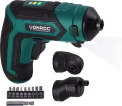 VONROC Accu Schroefmachine – 4V – Incl. Bithouder, Excentrisch En Haaks Opzetstuk, Bitset & Lader