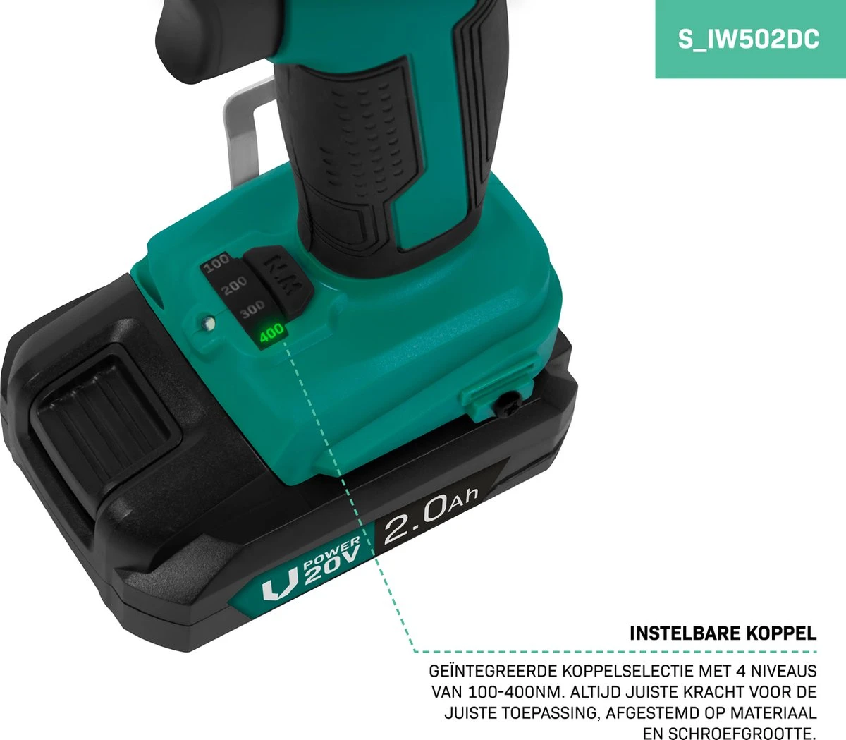 VONROC Accu Slagmoersleutel 20V – 4 Standen: 100/200/300/400Nm - Incl. 4 Moerdoppen – Geschikt Voor Het Verwisselen Van Wielbouten En -moeren - Incl. 2.0Ah Accu En Snellader 6 VONROC Accu Slagmoersleutel 20V – 4 Standen: 100/200/300/400Nm - Incl. 4 Moerdoppen – Geschikt Voor Het Verwisselen Van Wielbouten En -moeren - Incl. 2.0Ah Accu En Snellader - Afbeelding 6