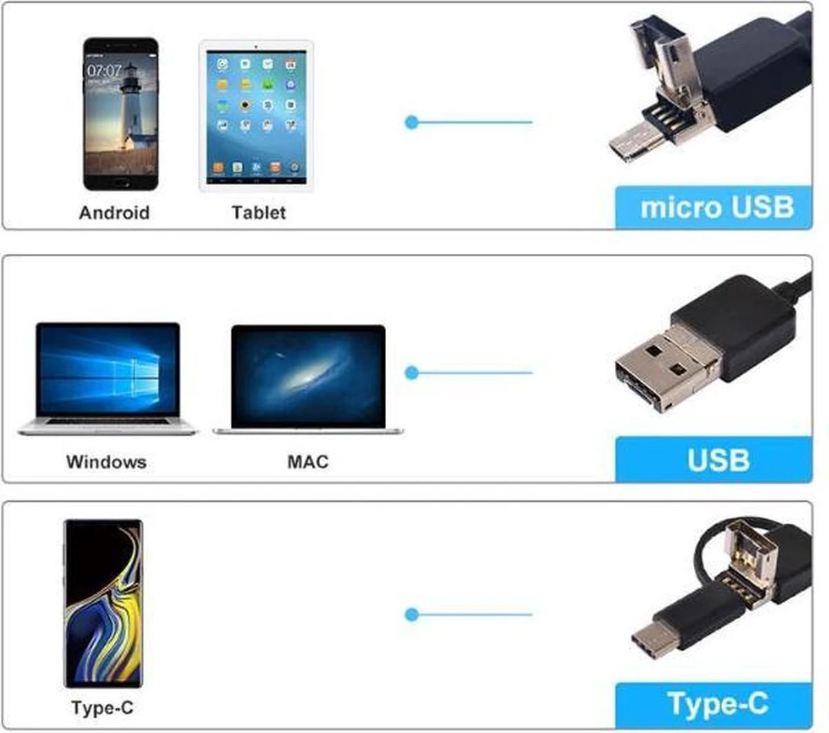 Endoscoop Camera | Inspectiecamera | Voor Android Telefoon - 1 Meter Micro USB Met Usb-C Adapter Naar Usb Man -8 Mm Kop HD 4 Endoscoop Camera | Inspectiecamera | Voor Android Telefoon - 1 Meter Micro USB Met Usb-C Adapter Naar Usb Man -8 Mm Kop HD - Afbeelding 4