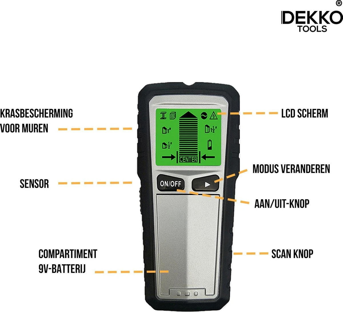 Dekko Tools Digitale Leidingzoeker - 5 In 1 Detector Voor Muren - Hout, Metaal, Leidingen, Bedrading - Zilver 2 Dekko Tools Digitale Leidingzoeker - 5 In 1 Detector Voor Muren - Hout, Metaal, Leidingen, Bedrading - Zilver - Afbeelding 2
