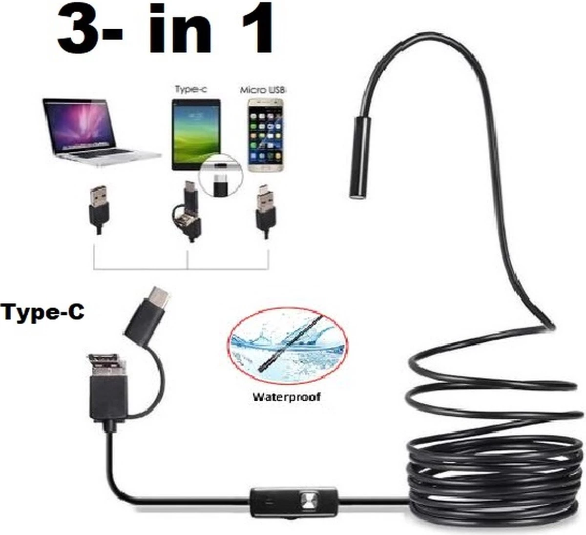 Endoscoop Camera | Inspectiecamera | Voor Android Telefoon - 1 Meter Micro USB Met Usb-C Adapter Naar Usb Man -8 Mm Kop HD 1 Endoscoop Camera | Inspectiecamera | Voor Android Telefoon - 1 Meter Micro USB Met Usb-C Adapter Naar Usb Man -8 Mm Kop HD