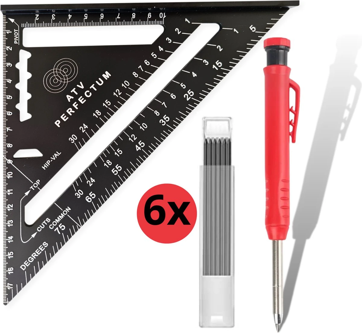 Winkelhaak Set - Incl. Markeerpotlood + 6 Navullingen - Blokhaak - Zwaaihaak - Schrijfhaak - Speed Square - Metalen Winkelhaak - 5 In 1 Winkelhaak 1 Winkelhaak Set - Incl. Markeerpotlood + 6 Navullingen - Blokhaak - Zwaaihaak - Schrijfhaak - Speed Square - Metalen Winkelhaak - 5 In 1 Winkelhaak