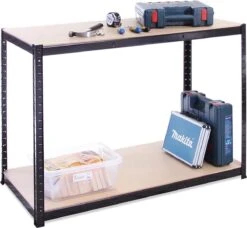 Garage Werkbank & Planken: 90 X 120 X 60cm | Heavy Duty Planken Voor Opslag, Zwart 2 Niveaus (300KG Per Plank), 600KG Capaciteit | Voor Werkplaats, Schuur, Kantoor | 5 Jaar Garantie.