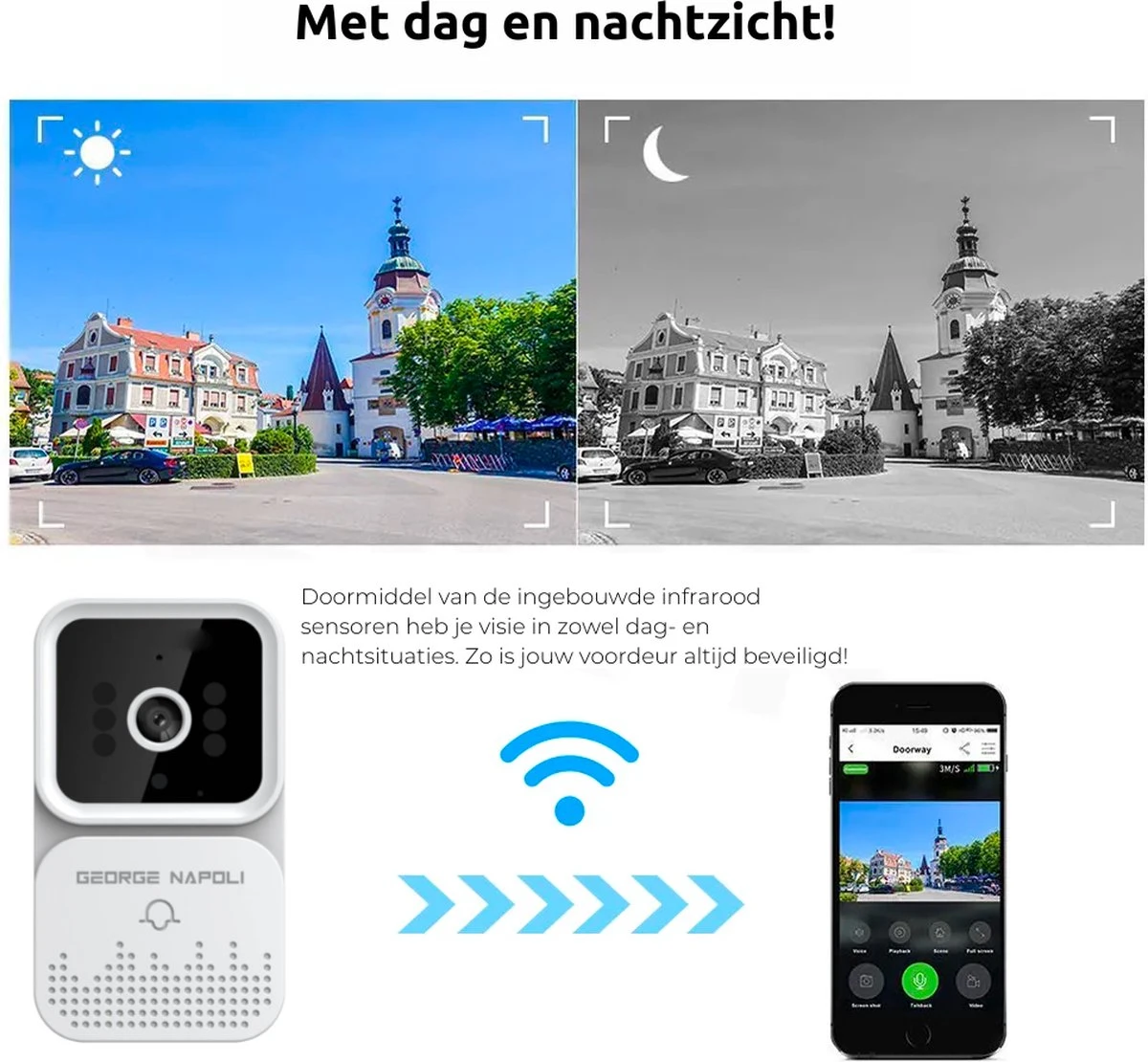 George Napoli Video Deurbel - Draadloze Deurbel – Deurbel Met Camera - WiFi Deurbel - Infrarood - USB C Oplaadbaar - Met Gong - Wit 3 George Napoli Video Deurbel - Draadloze Deurbel – Deurbel Met Camera - WiFi Deurbel - Infrarood - USB C Oplaadbaar - Met Gong - Wit - Afbeelding 3