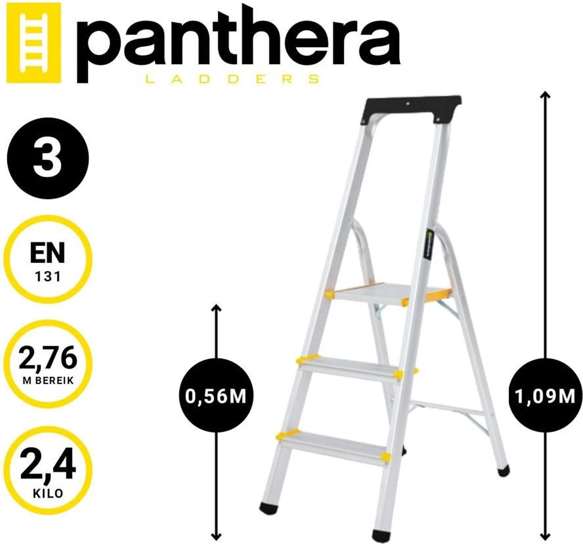 Panthera Huishoudtrap - Keukentrap 3 Treden - Aluminium - Max Werkhoogte: 2.56 Meter - Voor Particulier En Professioneel Gebruik 2 Panthera Huishoudtrap - Keukentrap 3 Treden - Aluminium - Max Werkhoogte: 2.56 Meter - Voor Particulier En Professioneel Gebruik - Afbeelding 2