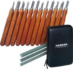 Hawerk Snijgereedschapsset Voor Professionals En Beginners, 12-delig + 3 Slijpstenen + Tas, Snijmessen Voor Volwassenen En Kinderen, Voor Hout, Snijset Om Te Snijden