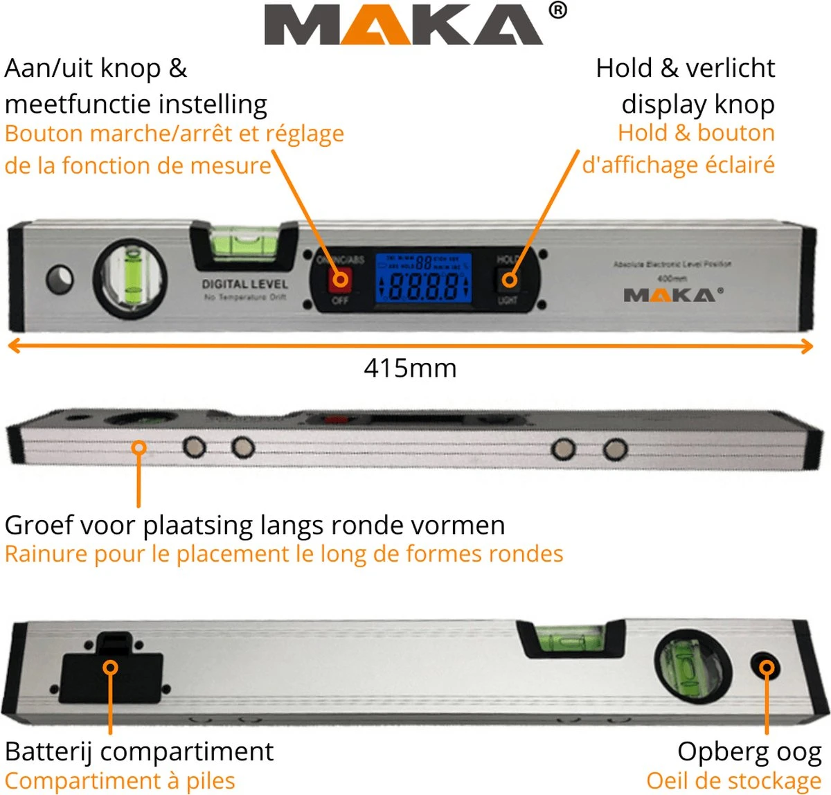 MAKA Digitale Waterpas - 400mm - Magnetisch - Incl. Batterijen 4 MAKA Digitale Waterpas - 400mm - Magnetisch - Incl. Batterijen - Afbeelding 4