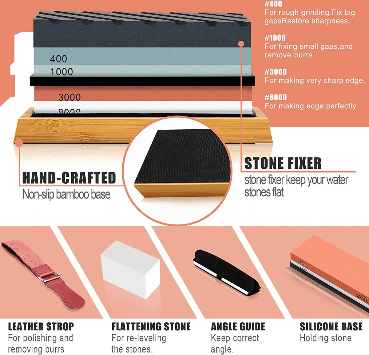 House Of Husk Dubbelzijdige Messenslijpers Met Vlaksteen En Instructies - Slijpsteen Voor Messen En Gereedschappen - Wetsteen Slijpsteen Set 80 400 1000 En 3000 8000 - Edelkorund 3 House Of Husk Dubbelzijdige Messenslijpers Met Vlaksteen En Instructies - Slijpsteen Voor Messen En Gereedschappen - Wetsteen Slijpsteen Set 80 400 1000 En 3000 8000 - Edelkorund - Afbeelding 3