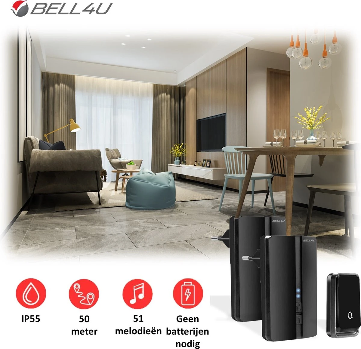 Bell4U Draadloze Deurbel Met 2 Ontvangers - Plug & Play - Beldrukker Heeft Geen Batterijen Nodig - IP55 Waterdicht - Zwart 2 Bell4U Draadloze Deurbel Met 2 Ontvangers - Plug & Play - Beldrukker Heeft Geen Batterijen Nodig - IP55 Waterdicht - Zwart - Afbeelding 2