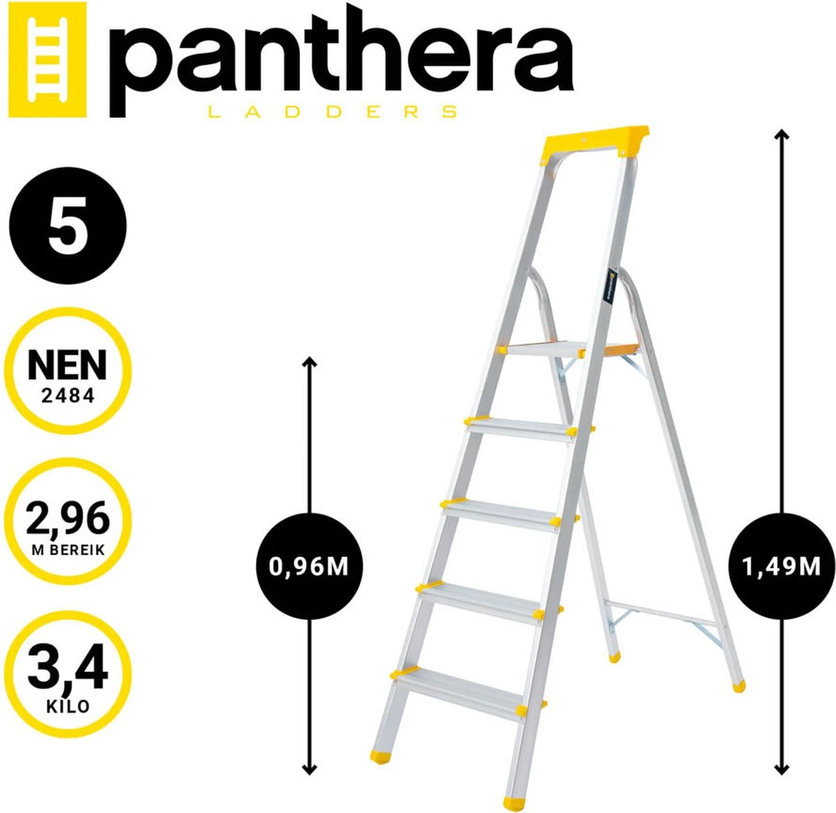 Panthera Huishoudtrap - Keukentrap 5 Treden - Aluminium - Max Werkhoogte: 2.96 Meter - Voor Particulier En Professioneel Gebruik 2 Panthera Huishoudtrap - Keukentrap 5 Treden - Aluminium - Max Werkhoogte: 2.96 Meter - Voor Particulier En Professioneel Gebruik - Afbeelding 2
