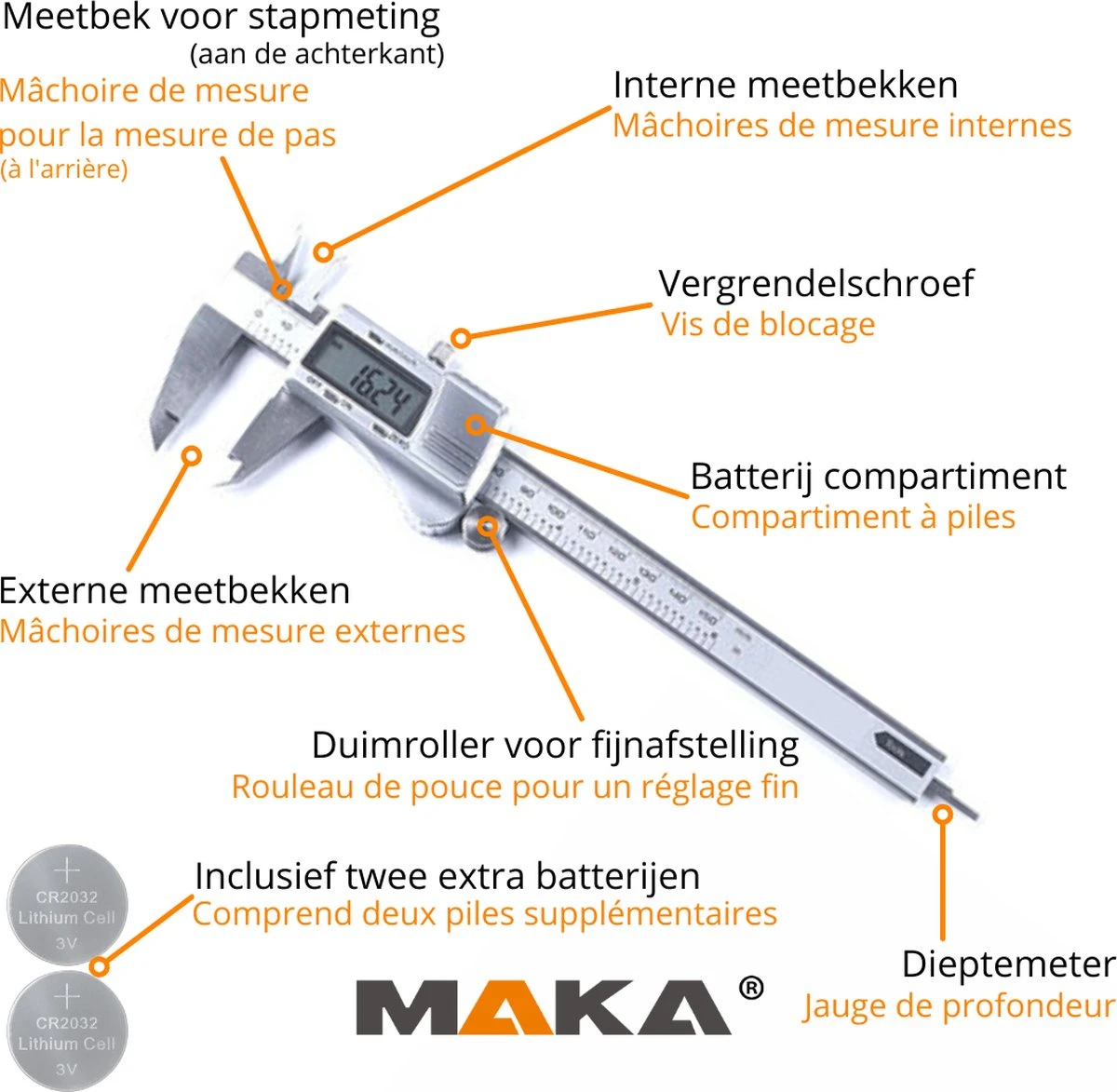 MAKA Digitale Schuifmaat - 150mm - RVS - Extra Batterijen - Opbergcase 5 MAKA Digitale Schuifmaat - 150mm - RVS - Extra Batterijen - Opbergcase - Afbeelding 5