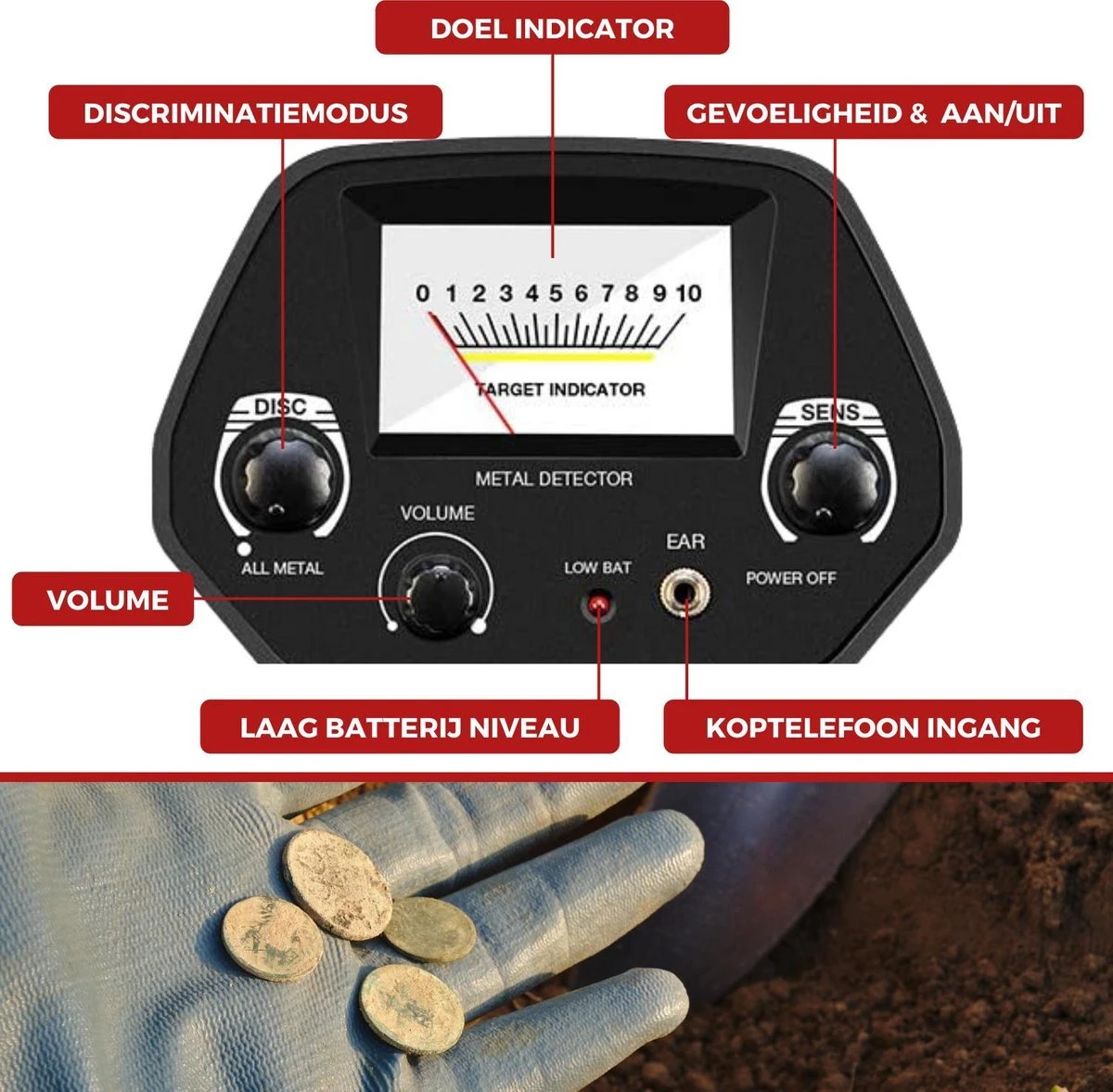 DETECT-IT Metaaldetector - Voor Kinderen En Volwassenen - Verstelbare Hoogte - Incl. Batterijen En Schep 7 DETECT-IT Metaaldetector - Voor Kinderen En Volwassenen - Verstelbare Hoogte - Incl. Batterijen En Schep - Afbeelding 7