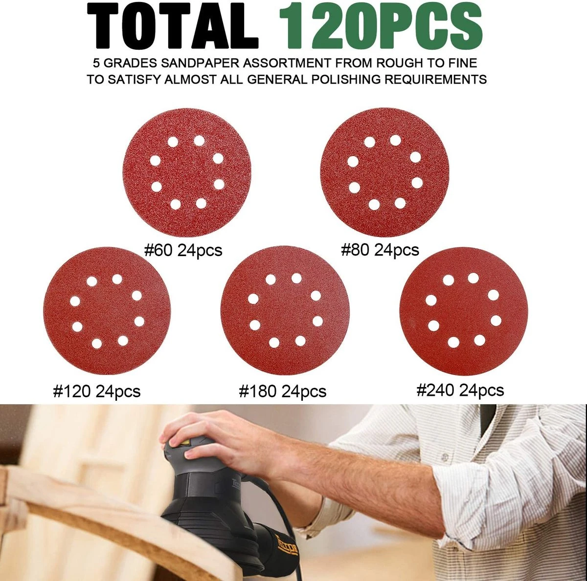 Faseras Schuurschijf/Schuurpapier Set - 120 Stuks - 125MM - 60/80/120/180/240 Grit - Klittenbandbevestiging - Voor Excentrische Schuurmachines 4 Faseras Schuurschijf/Schuurpapier Set - 120 Stuks - 125MM - 60/80/120/180/240 Grit - Klittenbandbevestiging - Voor Excentrische Schuurmachines - Afbeelding 4