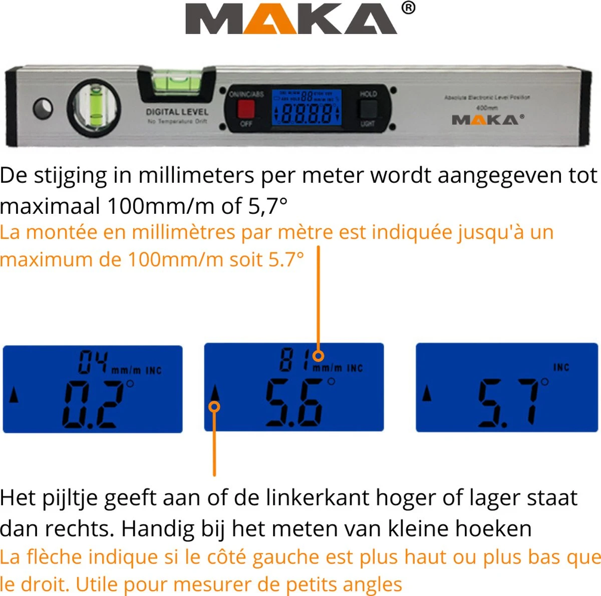 MAKA Digitale Waterpas - 400mm - Magnetisch - Incl. Batterijen 2 MAKA Digitale Waterpas - 400mm - Magnetisch - Incl. Batterijen - Afbeelding 2