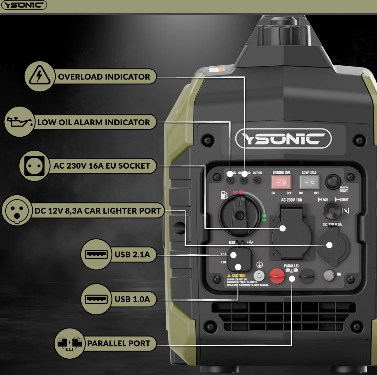 YSONIC YS2300i Inverter Generator - 2KW - 230V - USB - Autolader En Parallel Poort - Fluisterstil 58 DB -Olie En Overload Alarm 3 YSONIC YS2300i Inverter Generator - 2KW - 230V - USB - Autolader En Parallel Poort - Fluisterstil 58 DB -Olie En Overload Alarm - Afbeelding 3