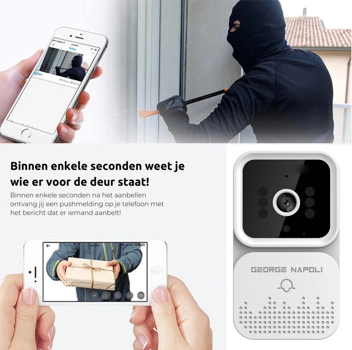 George Napoli Video Deurbel - Draadloze Deurbel – Deurbel Met Camera - WiFi Deurbel - Infrarood - USB C Oplaadbaar - Met Gong - Wit 4 George Napoli Video Deurbel - Draadloze Deurbel – Deurbel Met Camera - WiFi Deurbel - Infrarood - USB C Oplaadbaar - Met Gong - Wit - Afbeelding 4