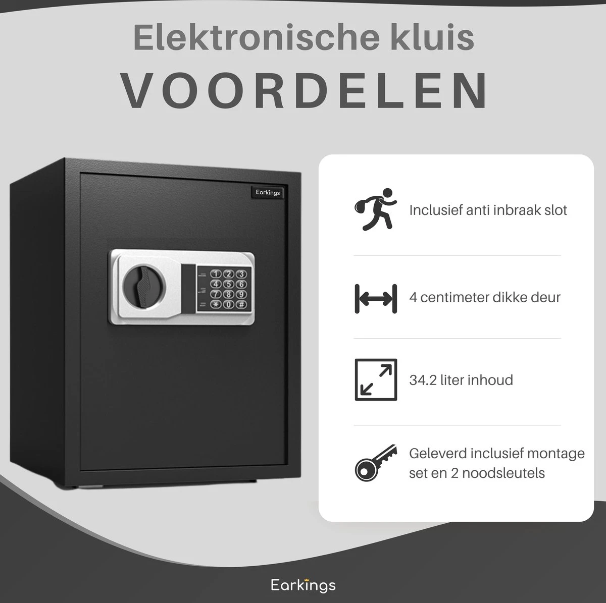 Earkings Kluis 40x38x32 Cm Met Cijferslot - Kluis Elektronisch Geldkist - Inclusief Bevestigingsmateriaal, Twee Noodsleutels En Alarm Slot 5 Earkings Kluis 40x38x32 Cm Met Cijferslot - Kluis Elektronisch Geldkist - Inclusief Bevestigingsmateriaal, Twee Noodsleutels En Alarm Slot - Afbeelding 5