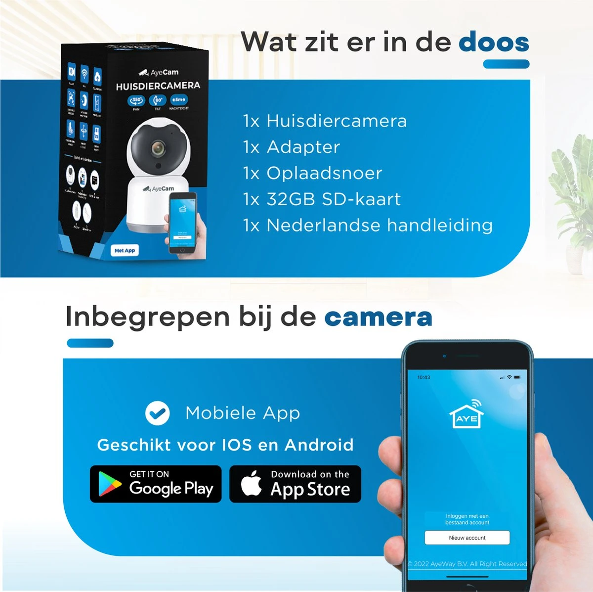 AyeCam Huisdiercamera - Met App - Incl. 32GB SD - WiFi - Beweeg & Geluidsdetectie - Beveiligingscamera - Hondencamera 7 AyeCam Huisdiercamera - Met App - Incl. 32GB SD - WiFi - Beweeg & Geluidsdetectie - Beveiligingscamera - Hondencamera - Afbeelding 7