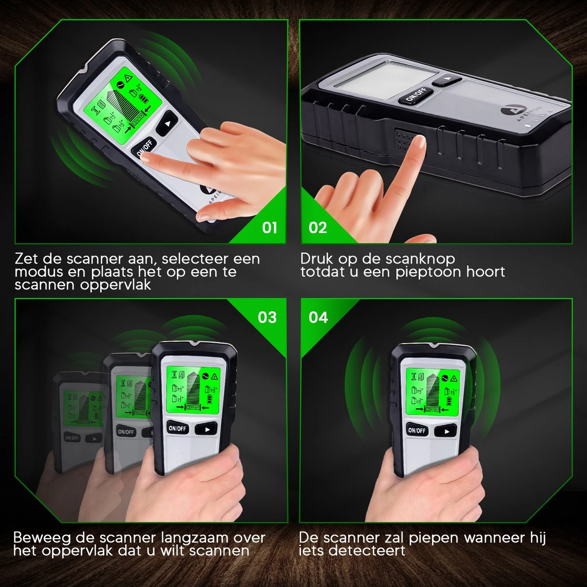 Apeiron Digitale Leidingzoeker - 5 In 1 Detector Voor Muren - Hout, Metaal, Leidingen, Bedrading - Zwart/Zilver - Inclusief Batterij 6 Apeiron Digitale Leidingzoeker - 5 In 1 Detector Voor Muren - Hout, Metaal, Leidingen, Bedrading - Zwart/Zilver - Inclusief Batterij - Afbeelding 6