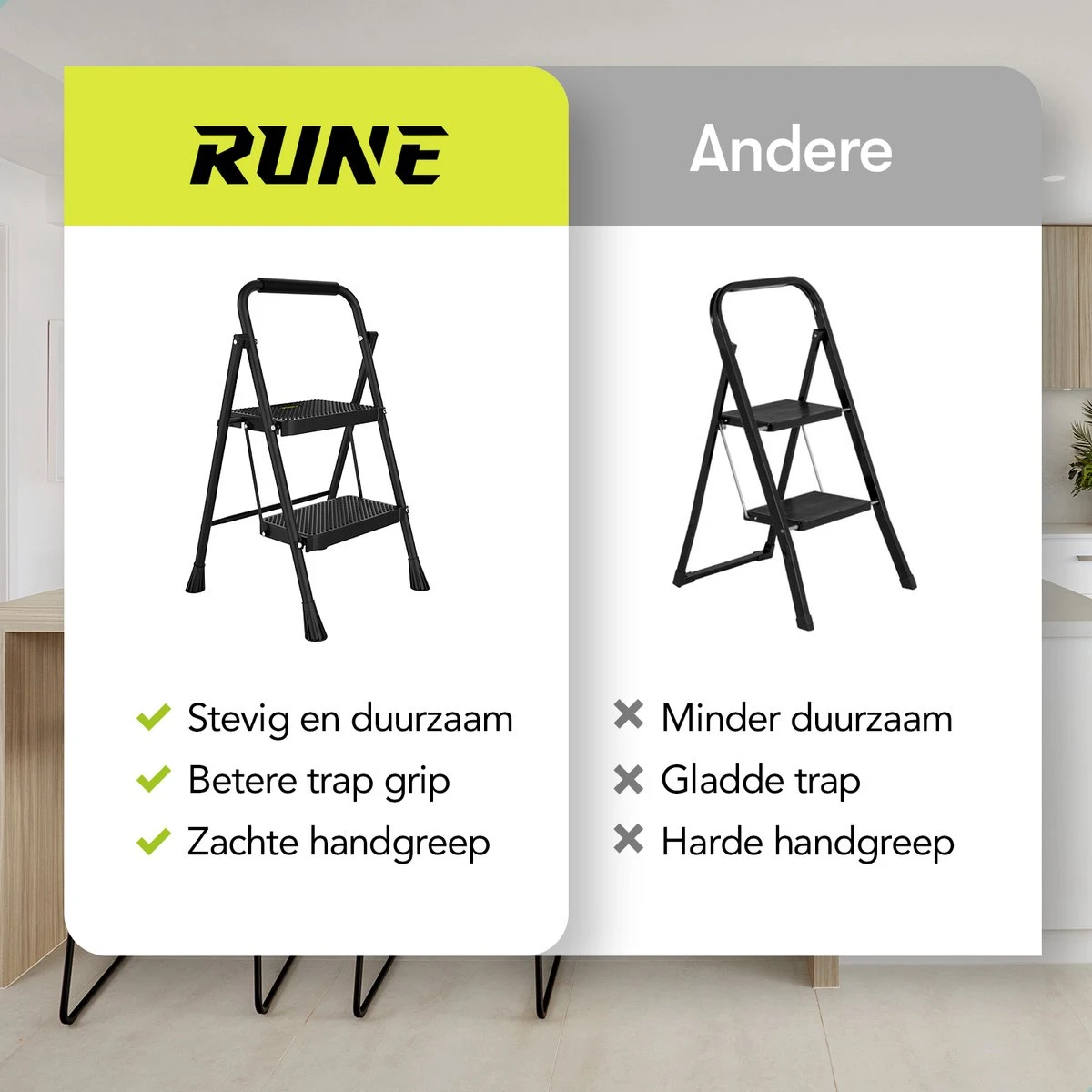 Rune Huishoudtrap 2 Treden - Inklapbare Anti-slip Keukentrap - Compact Design - 80 Cm Hoog - Zwart 3 Rune Huishoudtrap 2 Treden - Inklapbare Anti-slip Keukentrap - Compact Design - 80 Cm Hoog - Zwart - Afbeelding 3